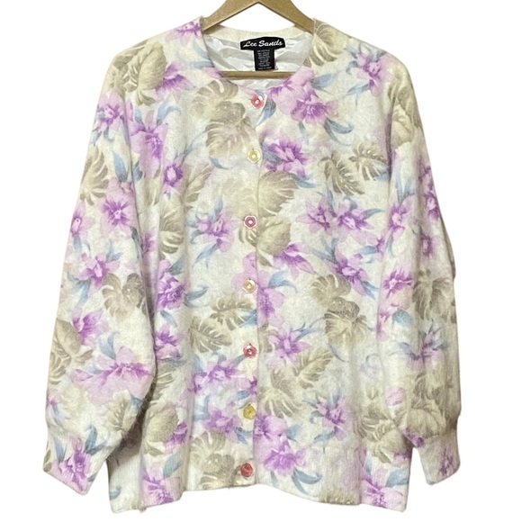 Lee Sands Angora Hair Cardigan OS Plus Floral Print  Cozycore Button Up NWT - Picture 1 of 8